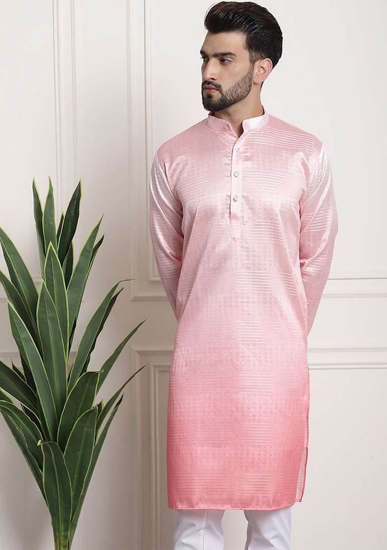 Pink Solid Jacquard Kurta For Men - Indya