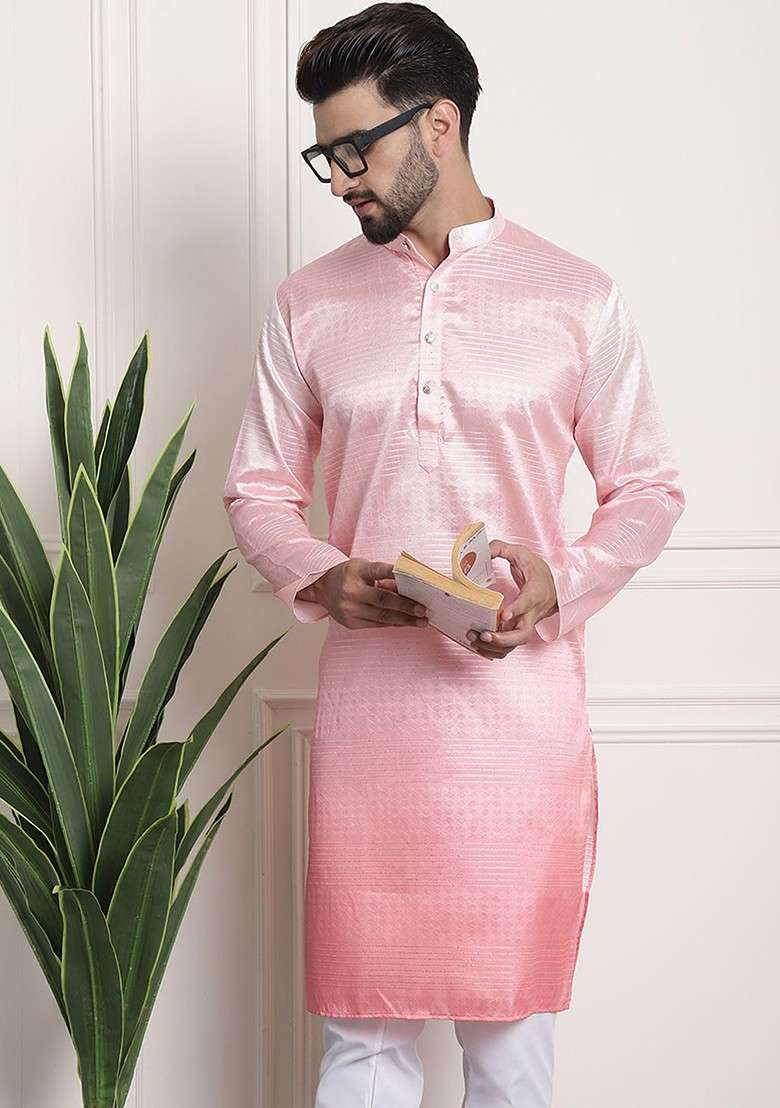 Pink Solid Jacquard Kurta For Men - Indya
