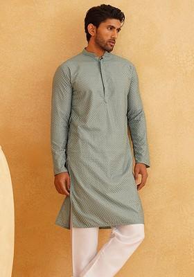 Sea Green Thread Work Poly Blend Kurta For Men