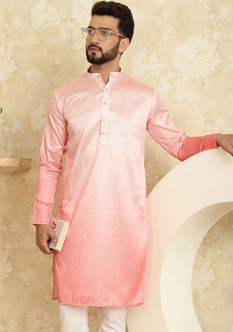 Pink Solid Jacquard Kurta For Men - Indya