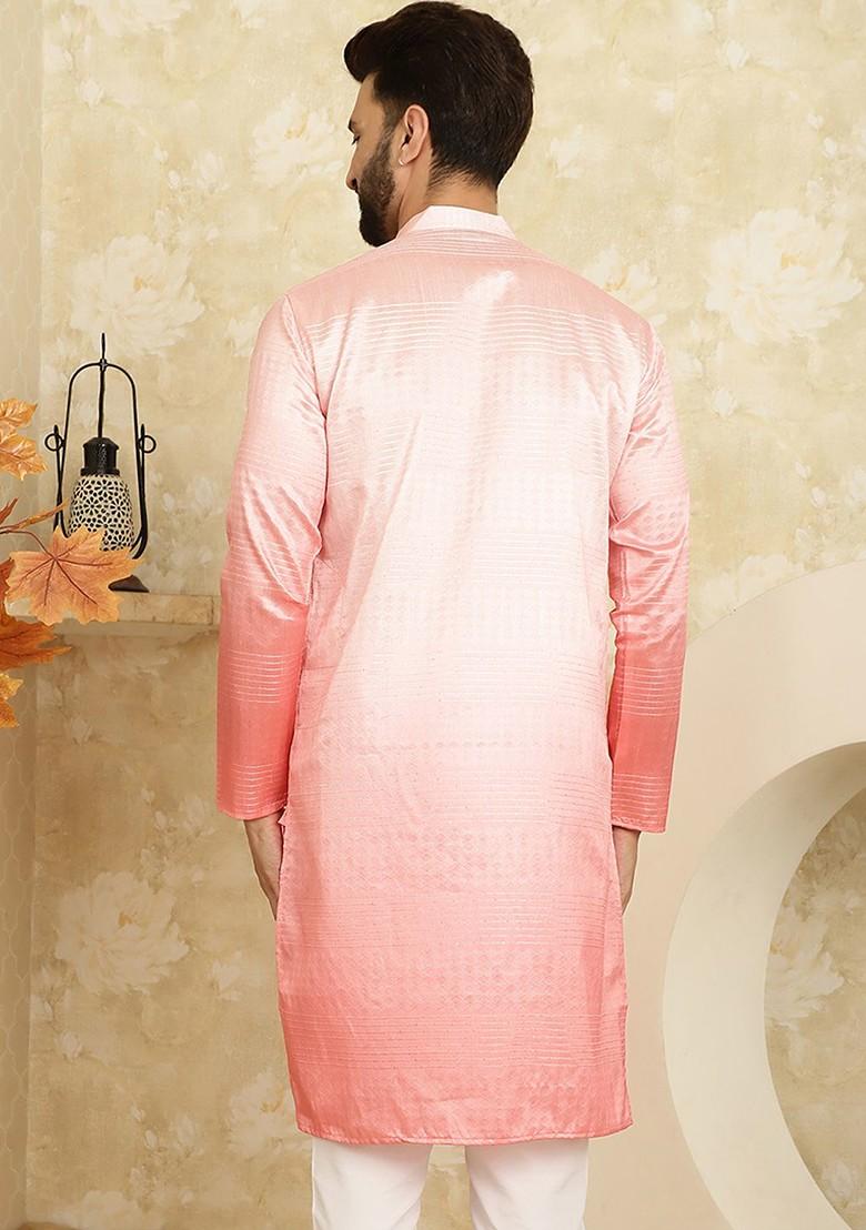 Pink Solid Jacquard Kurta For Men