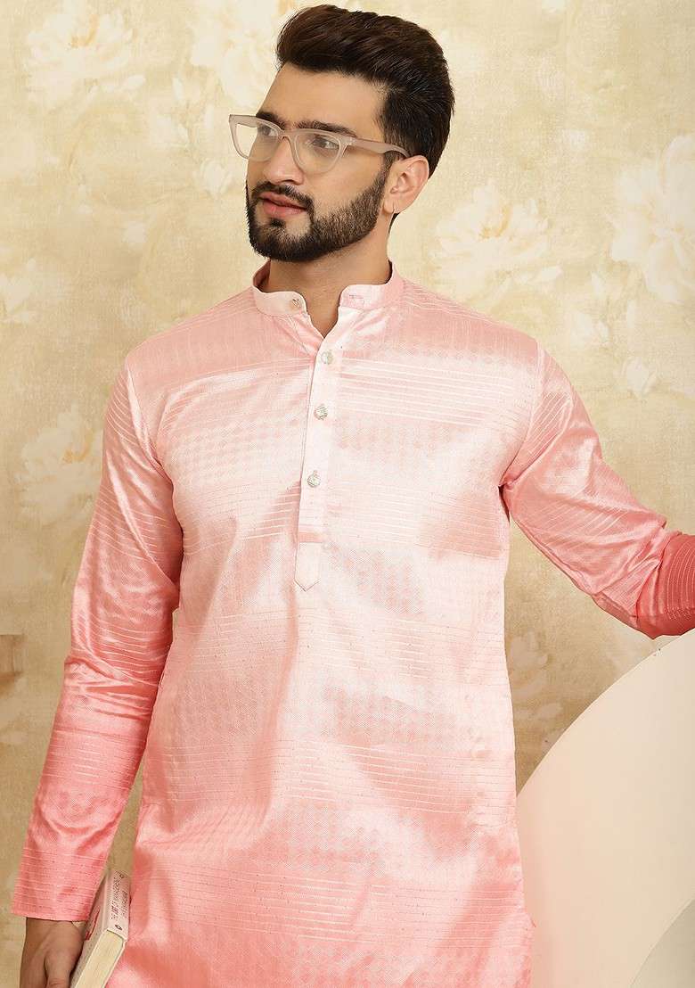 Pink Solid Jacquard Kurta For Men - Indya