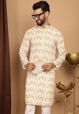 Yellow Thread Work Poly Blend Kurta For Men