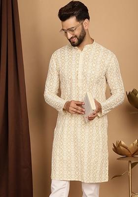 Beige Thread Work Poly Blend Kurta For Men
