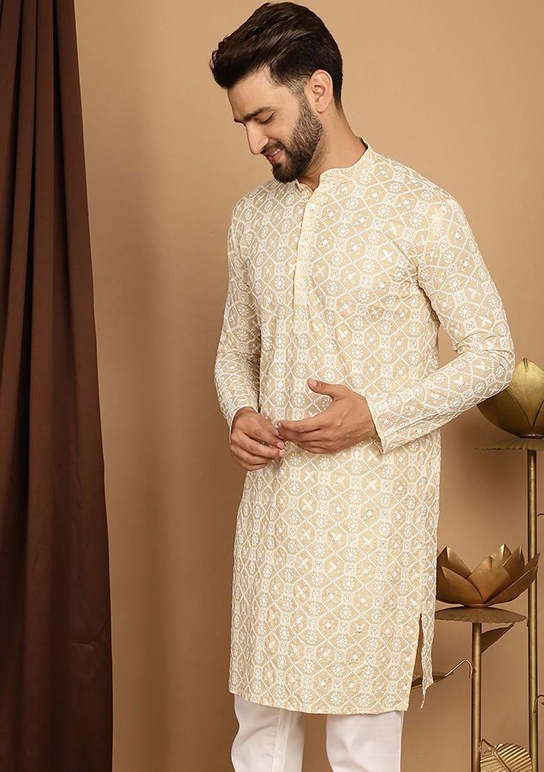 Beige Thread Work Poly Blend Kurta For Men