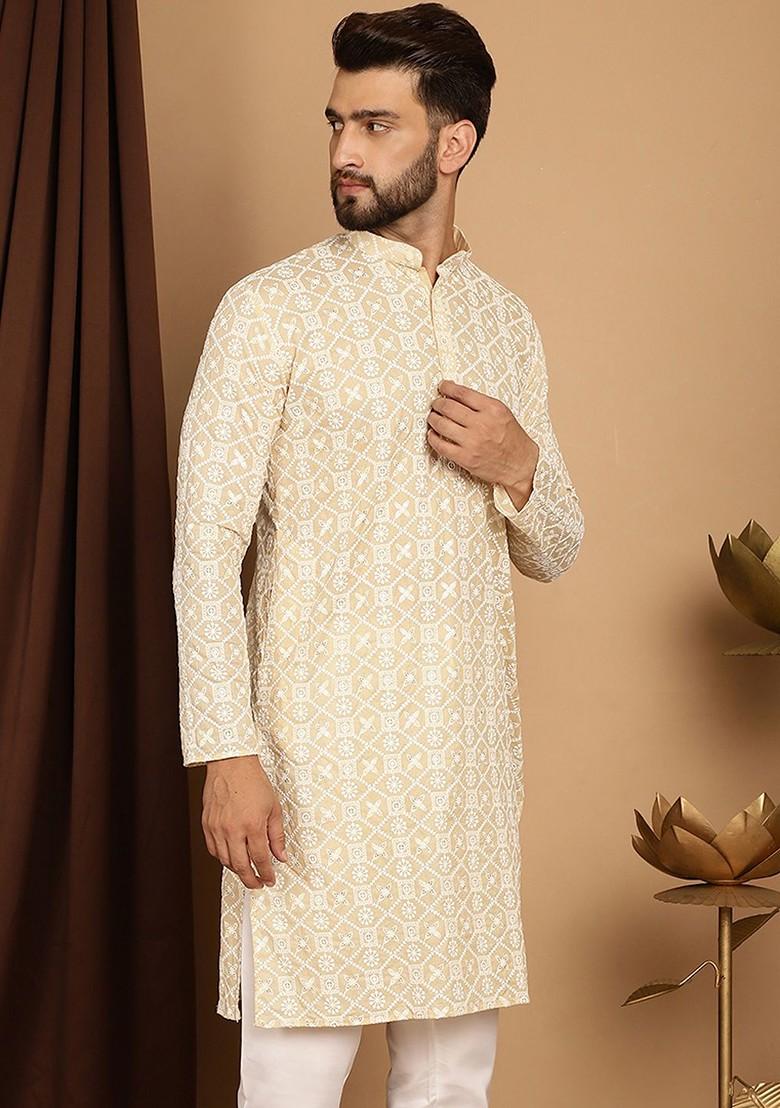 Beige Thread Work Poly Blend Kurta For Men