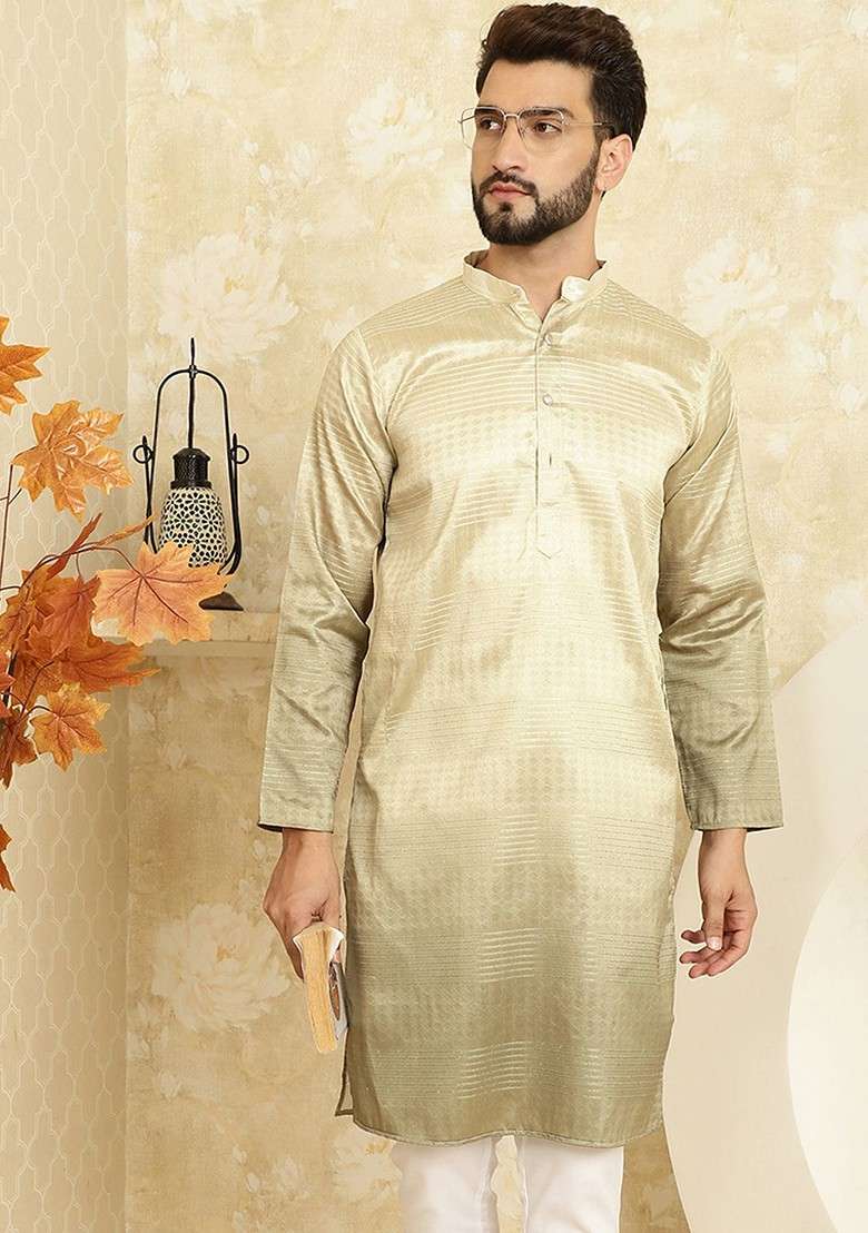 Gold Solid Jacquard Kurta For Men - Indya