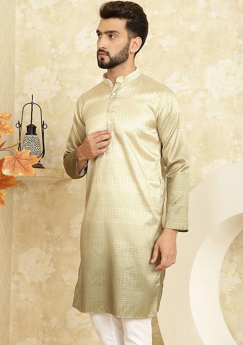 Gold Solid Jacquard Kurta For Men