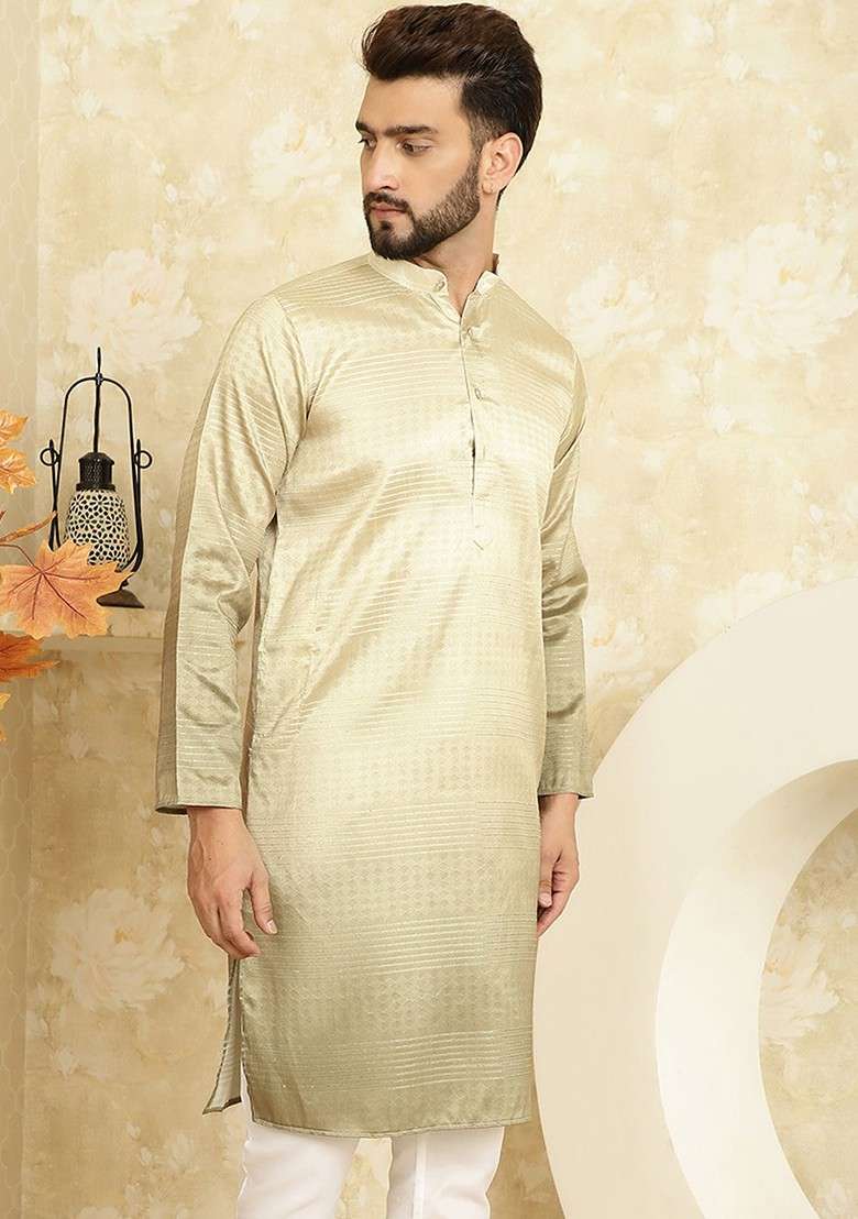 Gold Solid Jacquard Kurta For Men - Indya