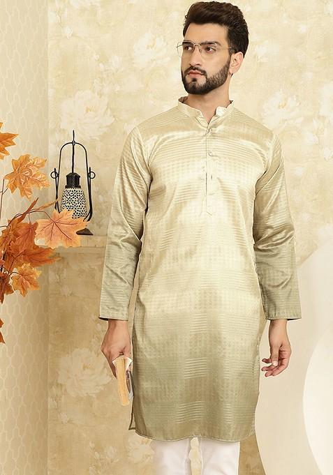 Gold Solid Jacquard Kurta For Men