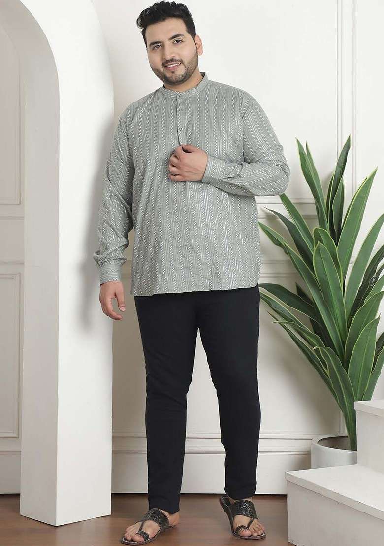 Green Embroidered Cotton Kurta For Men - Indya