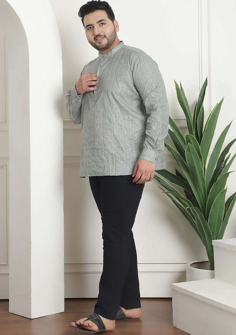 Green Embroidered Cotton Kurta For Men - Indya