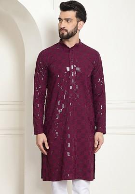 Purple Embroidered Cotton Kurta For Men