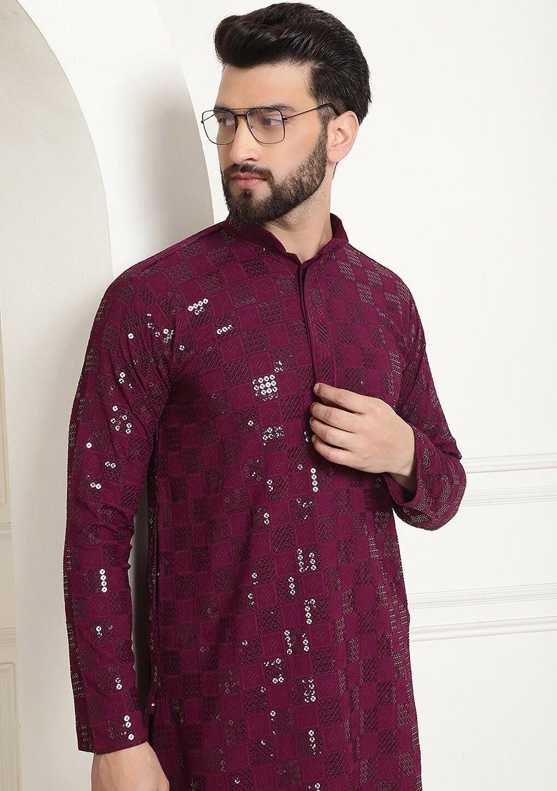 Purple Embroidered Cotton Kurta For Men