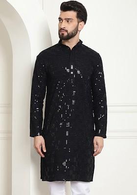 Black Embroidered Cotton Kurta For Men