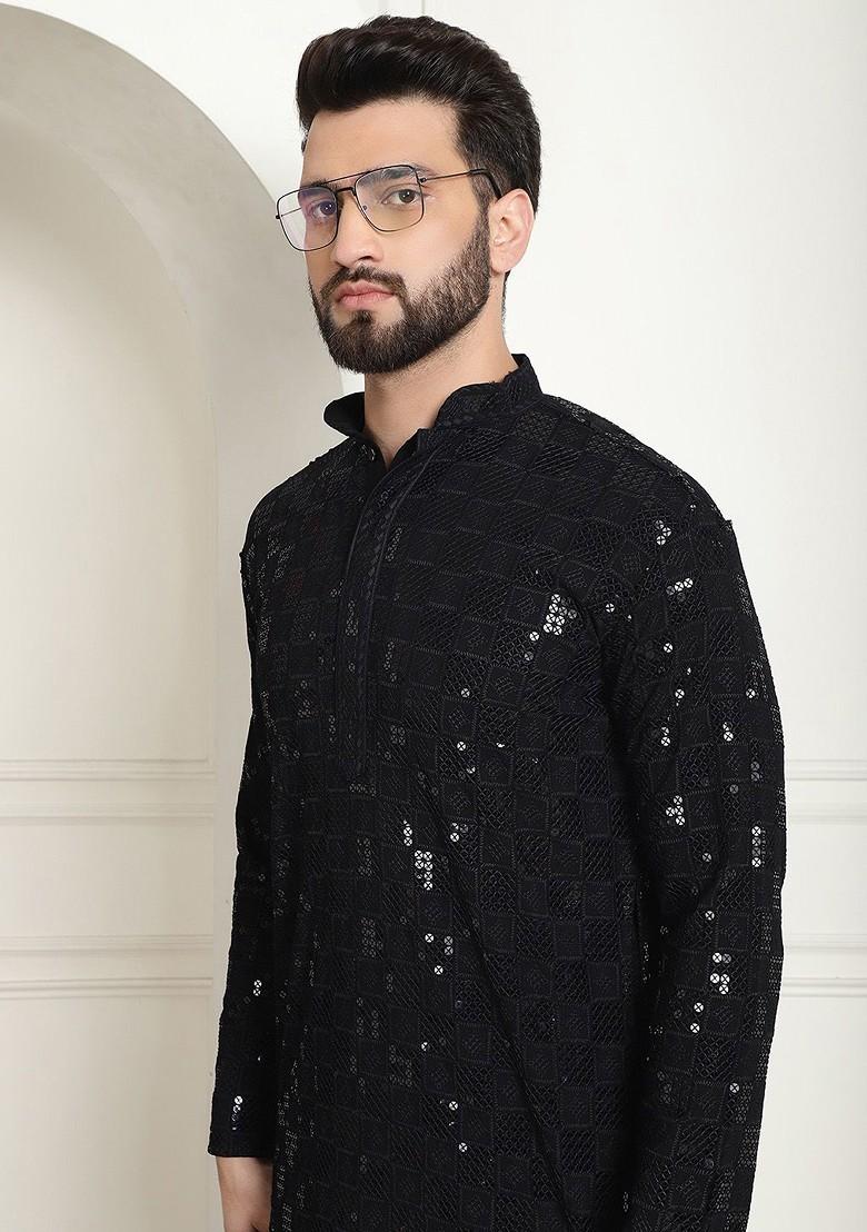 Black Embroidered Cotton Kurta For Men