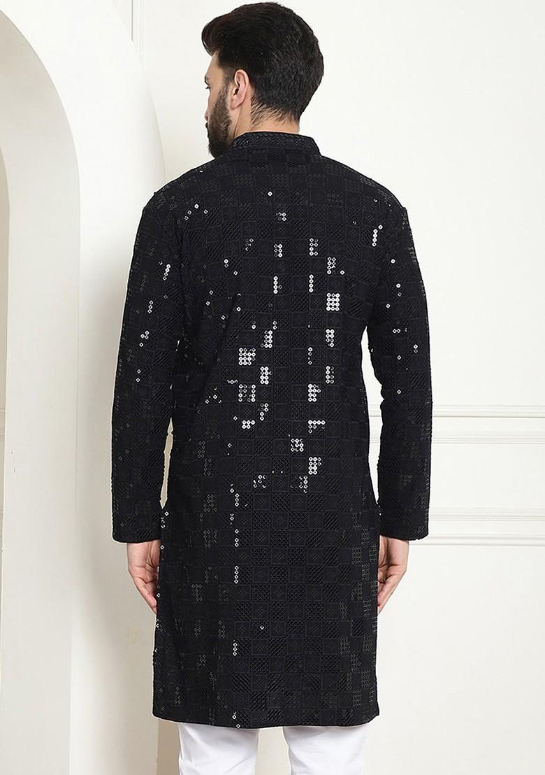 Black Embroidered Cotton Kurta For Men