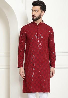 Maroon Embroidered Cotton Kurta For Men
