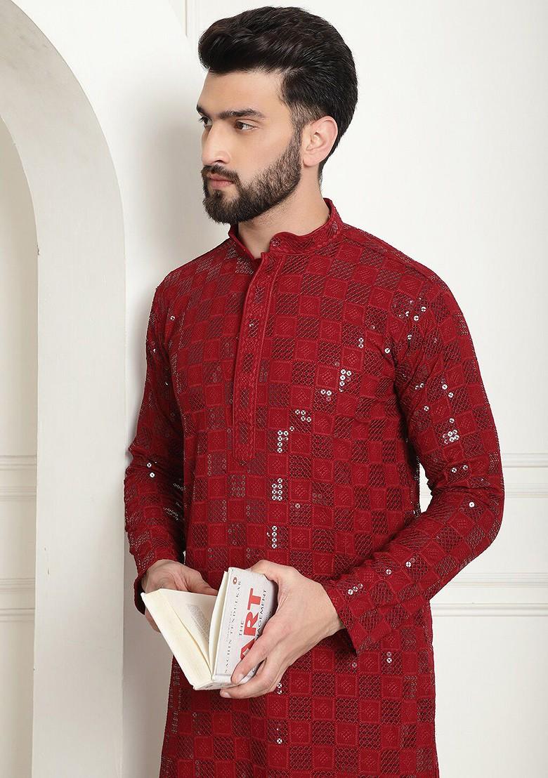 Maroon Embroidered Cotton Kurta For Men