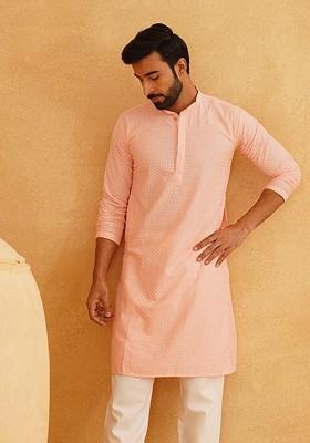 Peach Embroidered Cotton Kurta For Men