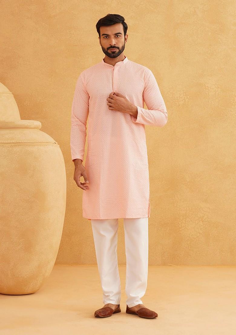 Peach Embroidered Cotton Kurta For Men