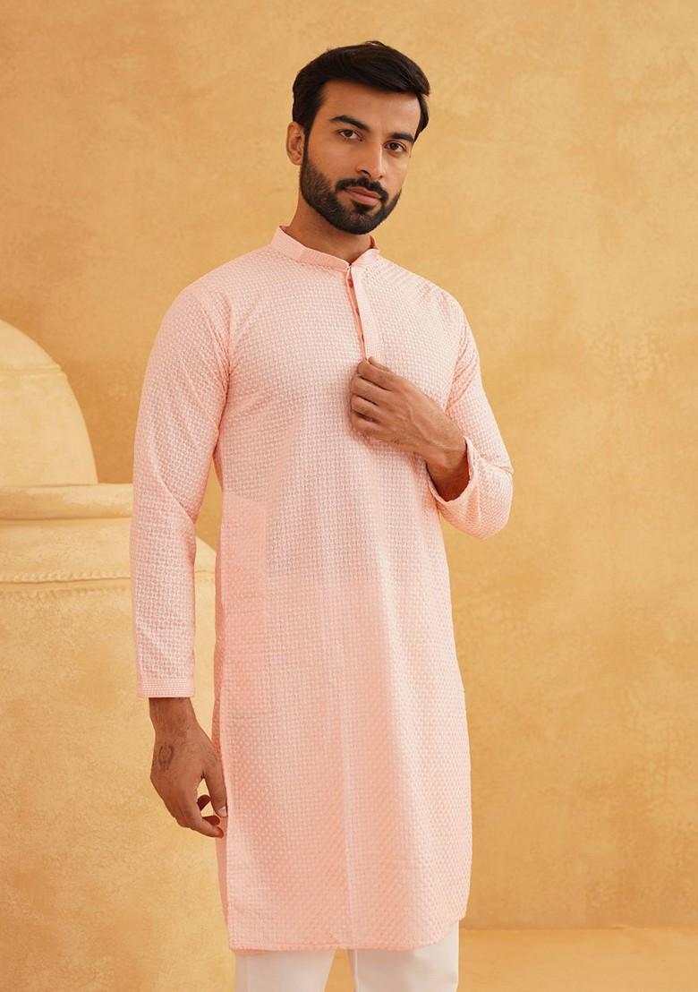 Peach Embroidered Cotton Kurta For Men