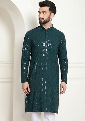 Green Embroidered Cotton Kurta For Men