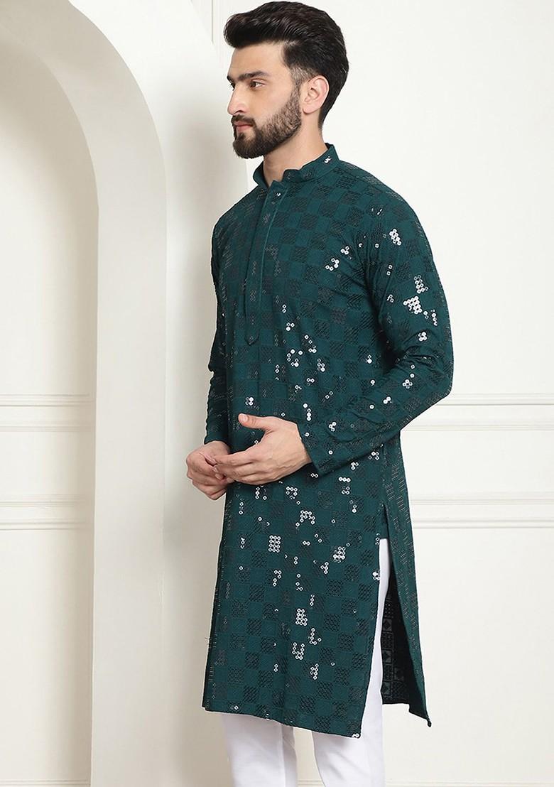 Green Embroidered Cotton Kurta For Men