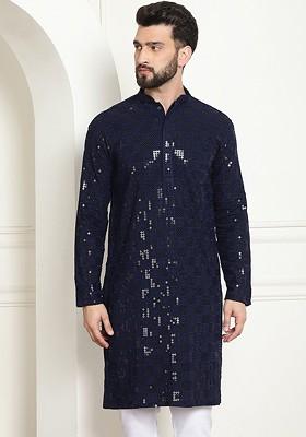 Navy Blue Embroidered Cotton Kurta For Men