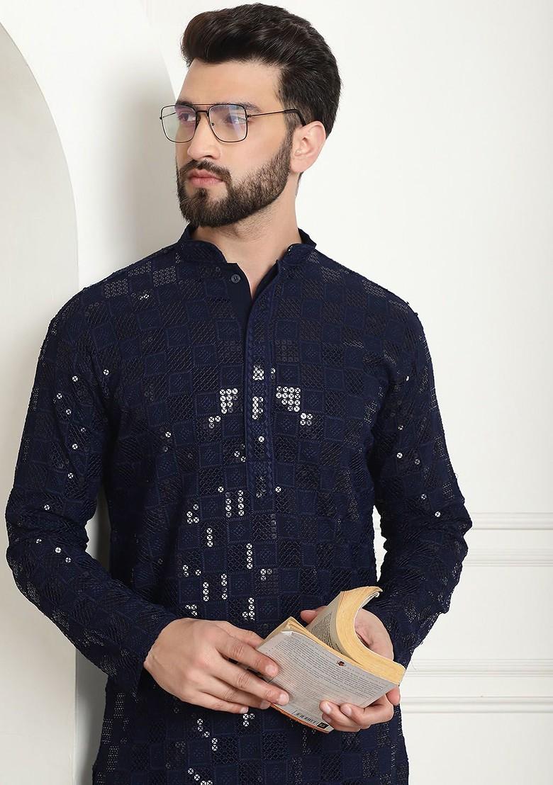 Navy Blue Embroidered Cotton Kurta For Men