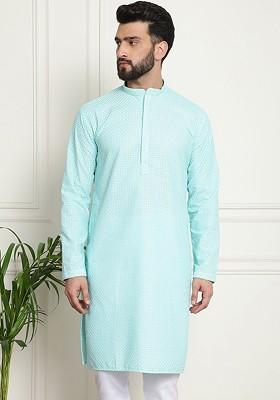 Turquoise Blue Embroidered Cotton Kurta For Men