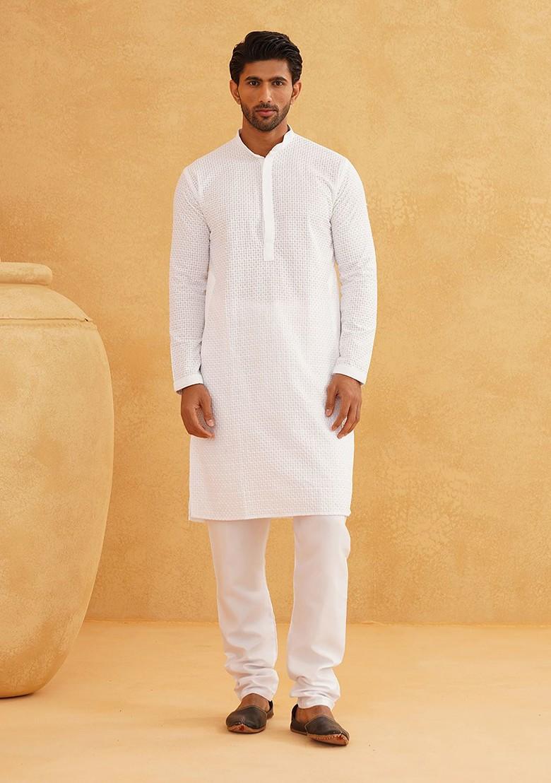 White Embroidered Cotton Kurta For Men