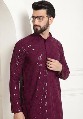 Purple Embroidered Cotton Kurta For Men