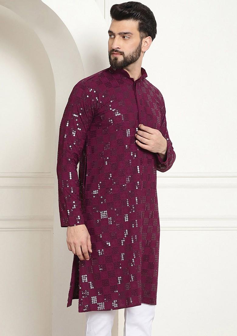 Purple Embroidered Cotton Kurta For Men