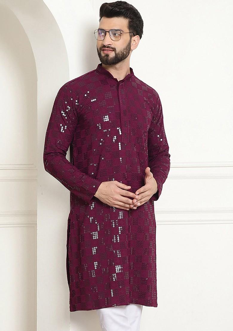 Purple Embroidered Cotton Kurta For Men