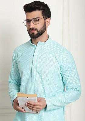 Turquoise Blue Embroidered Cotton Kurta For Men