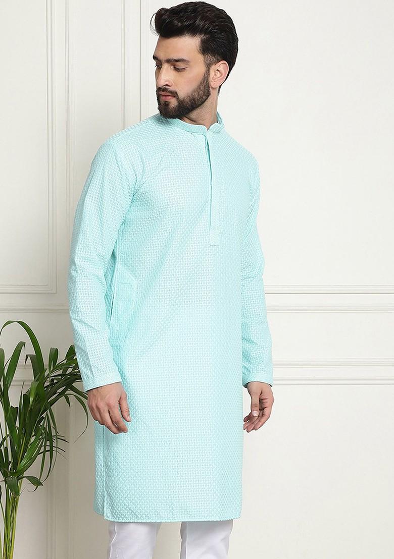 Turquoise Blue Embroidered Cotton Kurta For Men