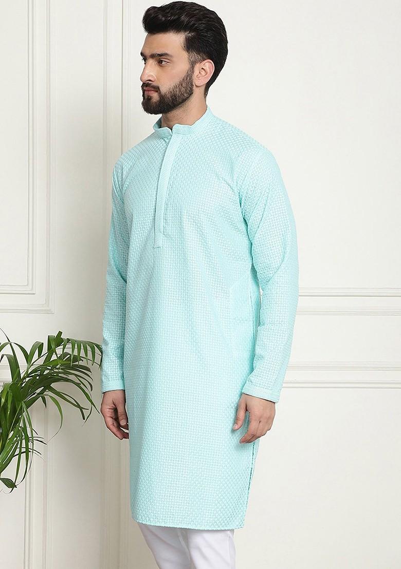 Turquoise Blue Embroidered Cotton Kurta For Men