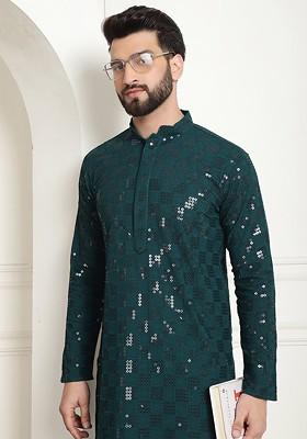 Green Embellished Cotton Kurta For Men