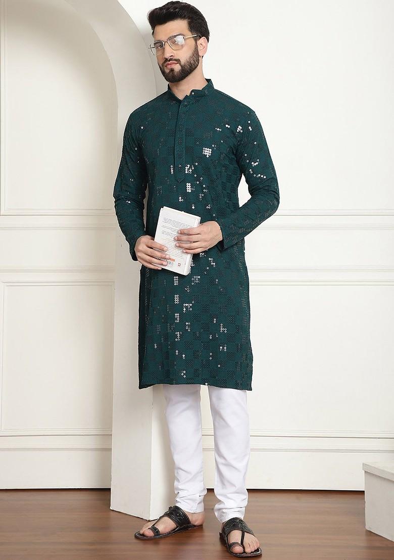 Green Embellished Cotton Kurta For Men