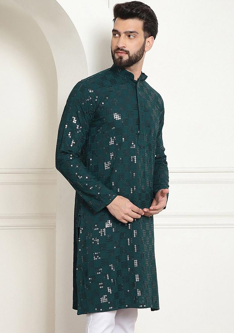 Green Embellished Cotton Kurta For Men