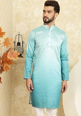Sea Green Ethnic Motifs Cotton Kurta For Men