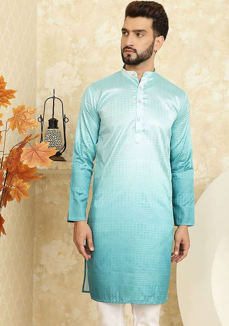 Sea Green Ethnic Motifs Cotton Kurta For Men - Indya