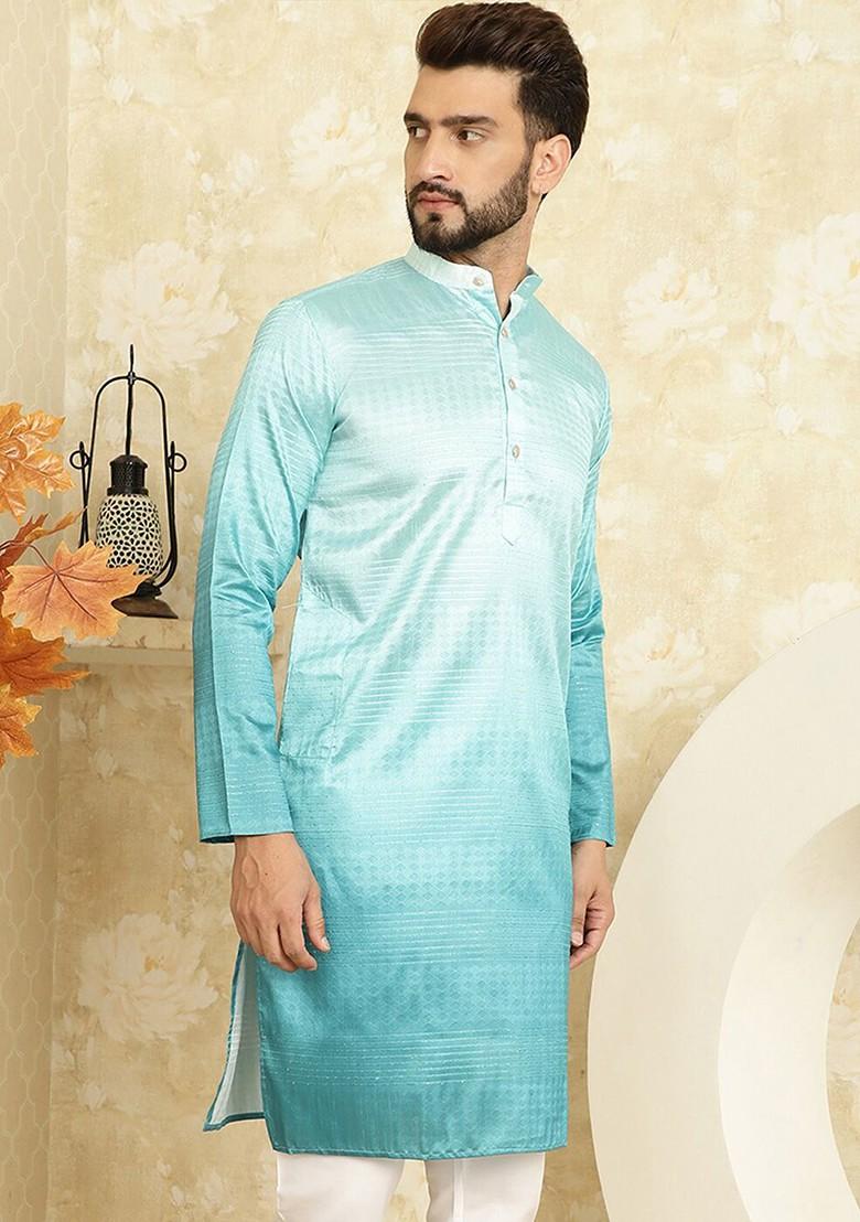 Sea Green Ethnic Motifs Cotton Kurta For Men