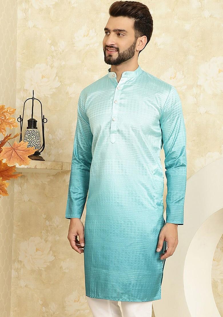 Sea Green Ethnic Motifs Cotton Kurta For Men