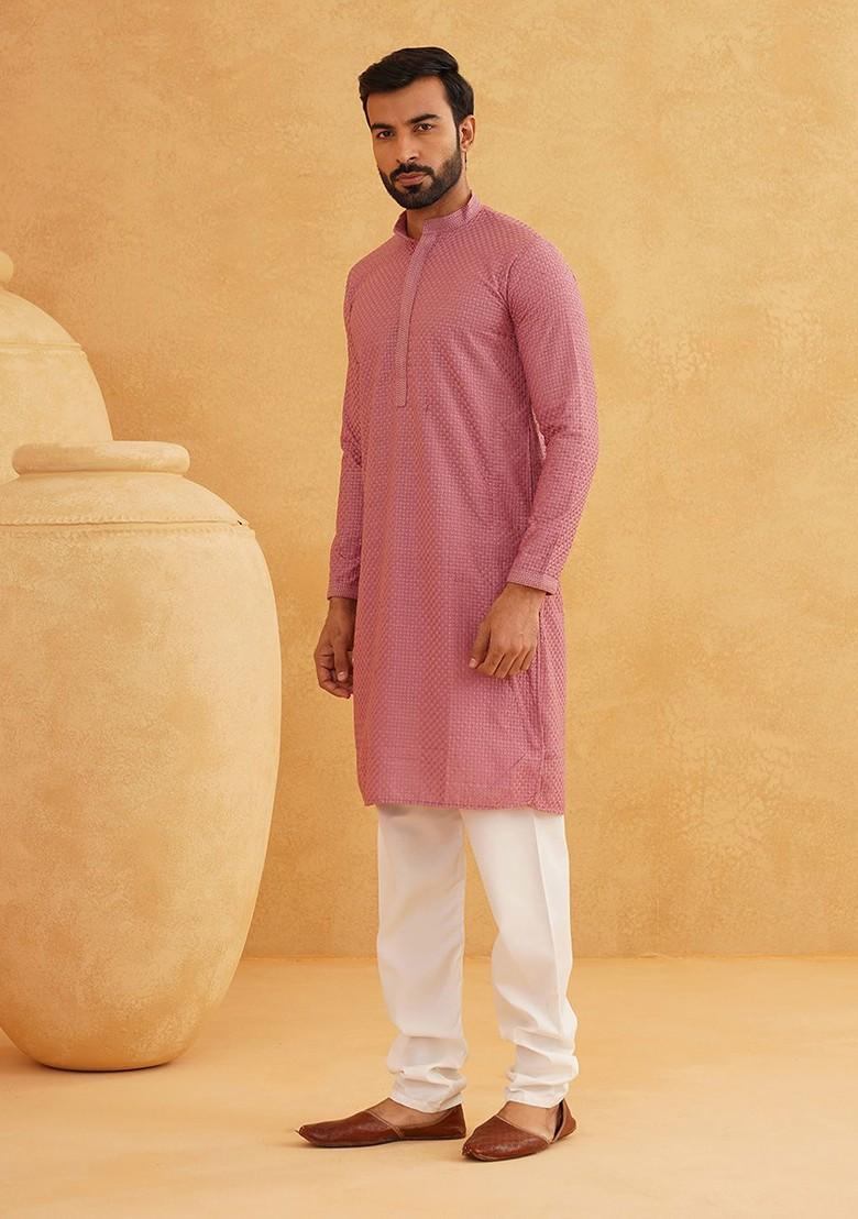 Coral Pink Thread Work Cotton Kurta For Men
