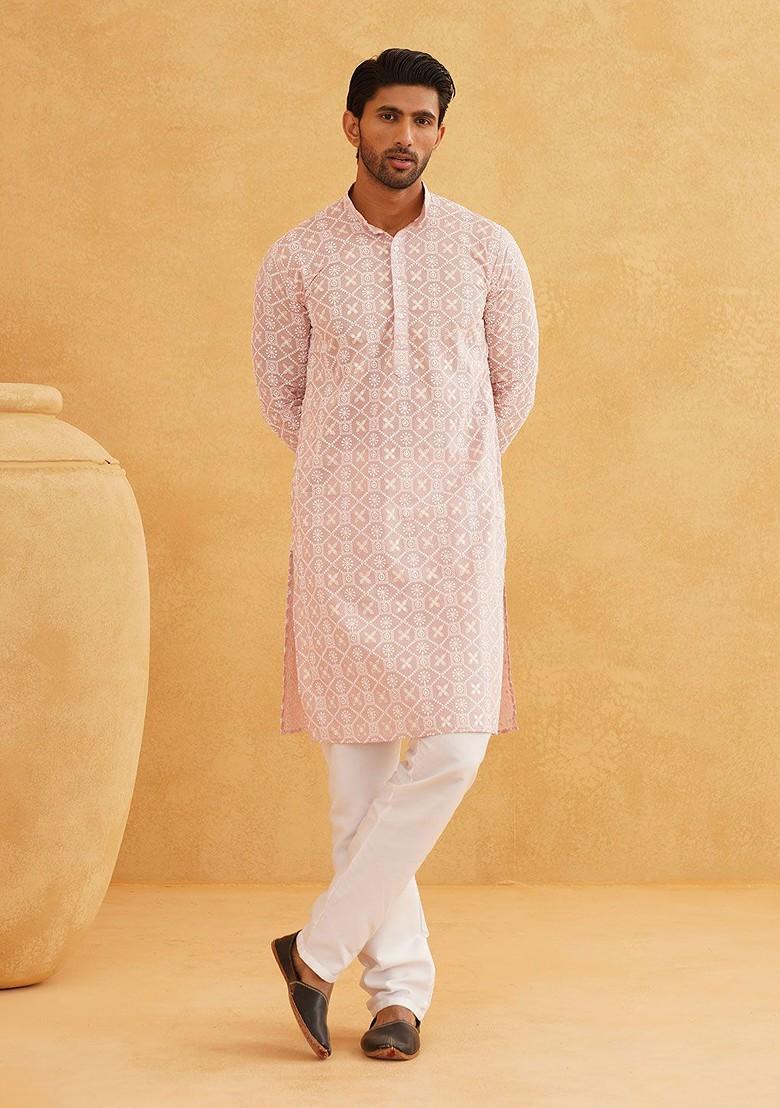 Pink Embroidered Cotton Kurta For Men