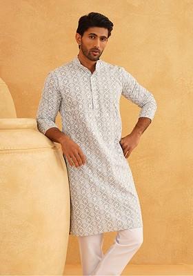 Grey Embroidered Cotton Kurta For Men