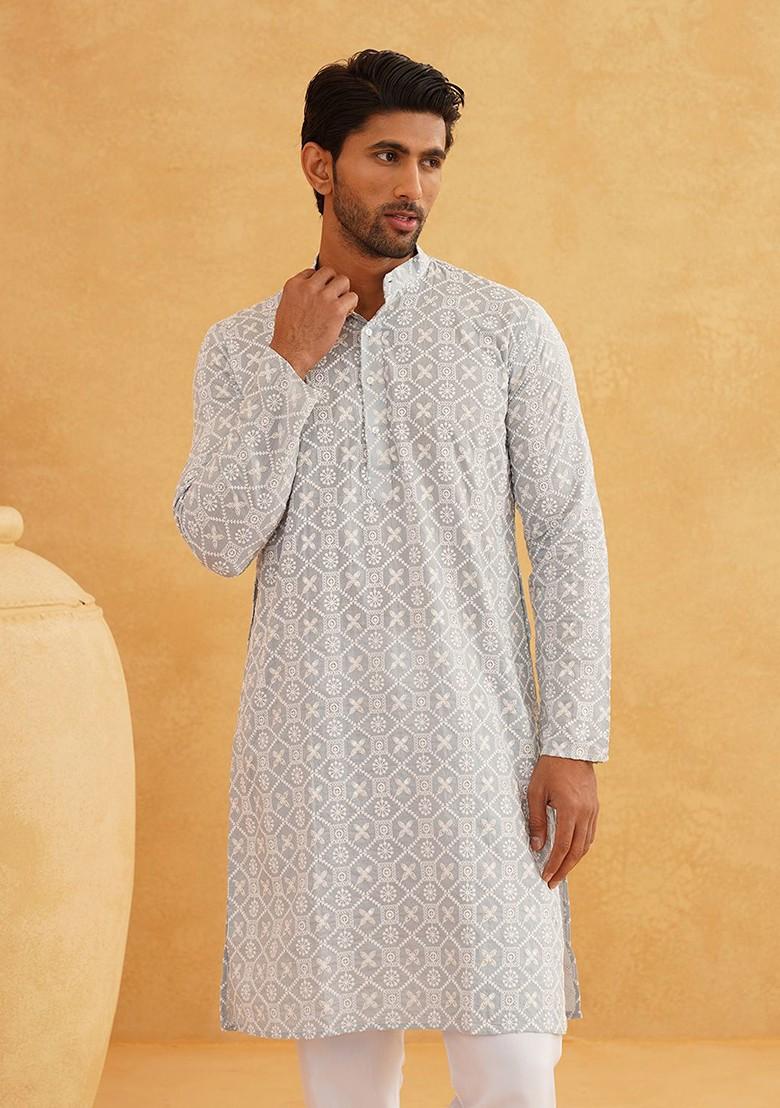 Grey Embroidered Cotton Kurta For Men