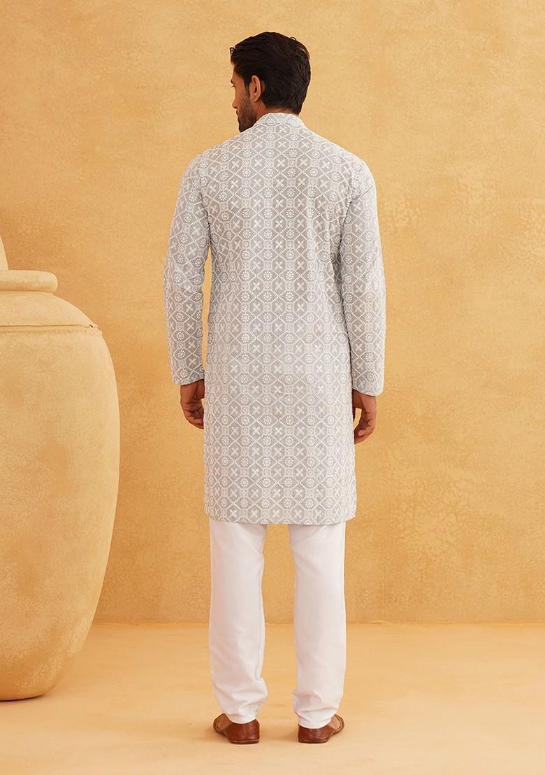 Grey Embroidered Cotton Kurta For Men